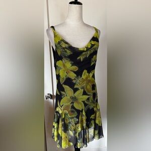 Floral Cowl Neck Mini Dress in Chartreuse and Black